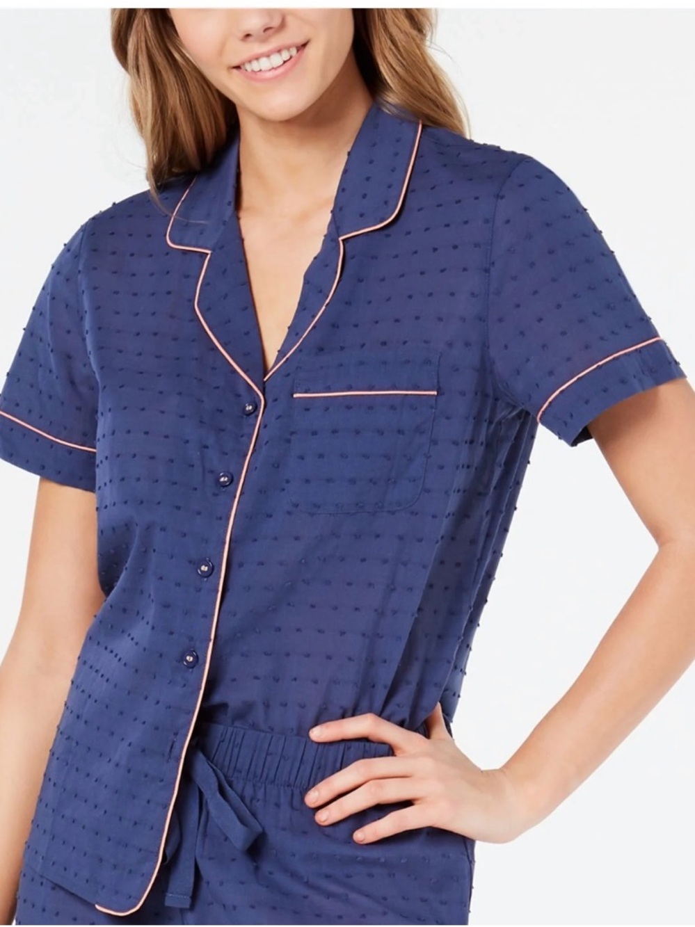🌸. Women's Navy Short-Sleeve Pajama Top with Contrast Piping